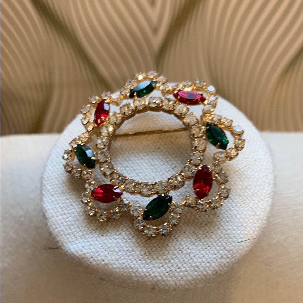 Vintage Gold Brooch with Red and Green Accents